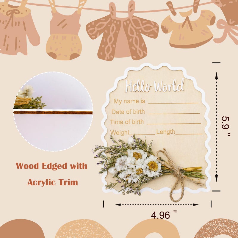 Wonhibo Daisy Newborn Announcement Sign - Baby Hospital Photo Prop Wooden Board Card with Real Pressed Flowers Hello World - Image 5